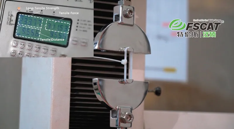 Every PA66 cable tie has a rated loop tensile strength, typically expressed in Newtons or pounds (e.g., 222 N / 50 lbs for a 4.8mm width). A tensile tester applies controlled load to the tie loop until failure, recording the break force. The test standard is IEC 62275 or UL 62275, depending on the target market.